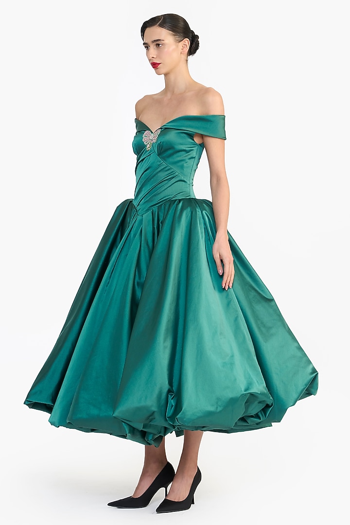 Posy Green Duchess Satin Balloon Midi Party Wear Dress by Gauri And Nainika at Pernia's Pop Up Shop