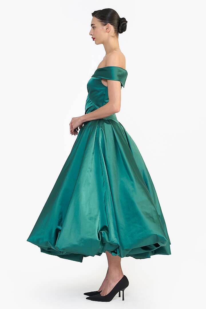 Posy Green Duchess Satin Balloon Midi Party Wear Dress by Gauri And Nainika at Pernia's Pop Up Shop