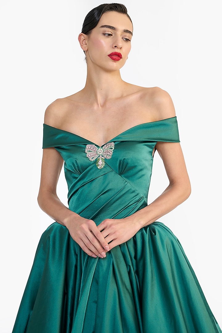 Posy Green Duchess Satin Balloon Midi Party Wear Dress by Gauri And Nainika at Pernia's Pop Up Shop