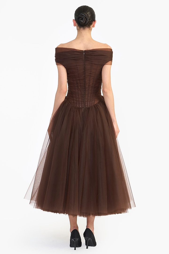 Brown Tulle Off-Shoulder Midi Party Wear Dress by Gauri And Nainika at Pernia's Pop Up Shop