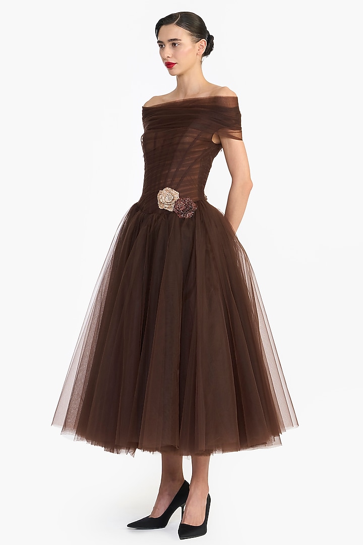 Brown Tulle Off-Shoulder Midi Party Wear Dress by Gauri And Nainika at Pernia's Pop Up Shop