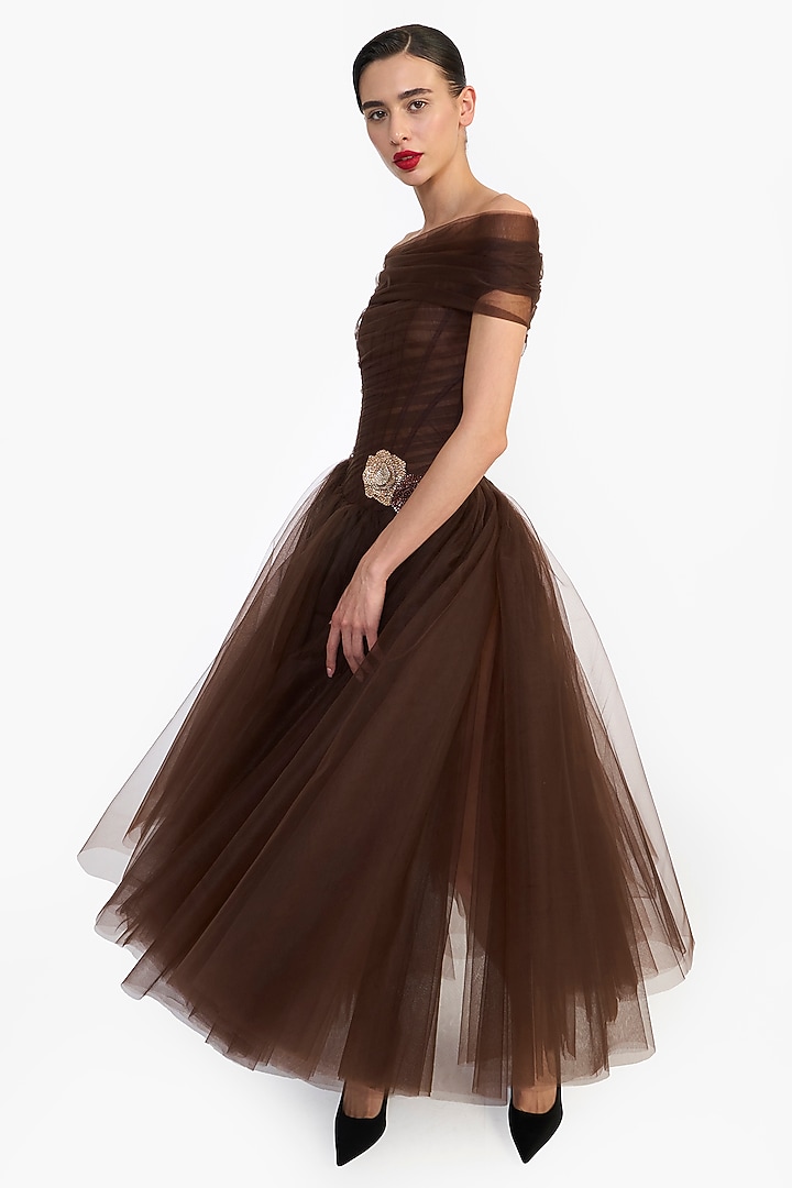 Brown Tulle Off-Shoulder Midi Party Wear Dress by Gauri And Nainika at Pernia's Pop Up Shop