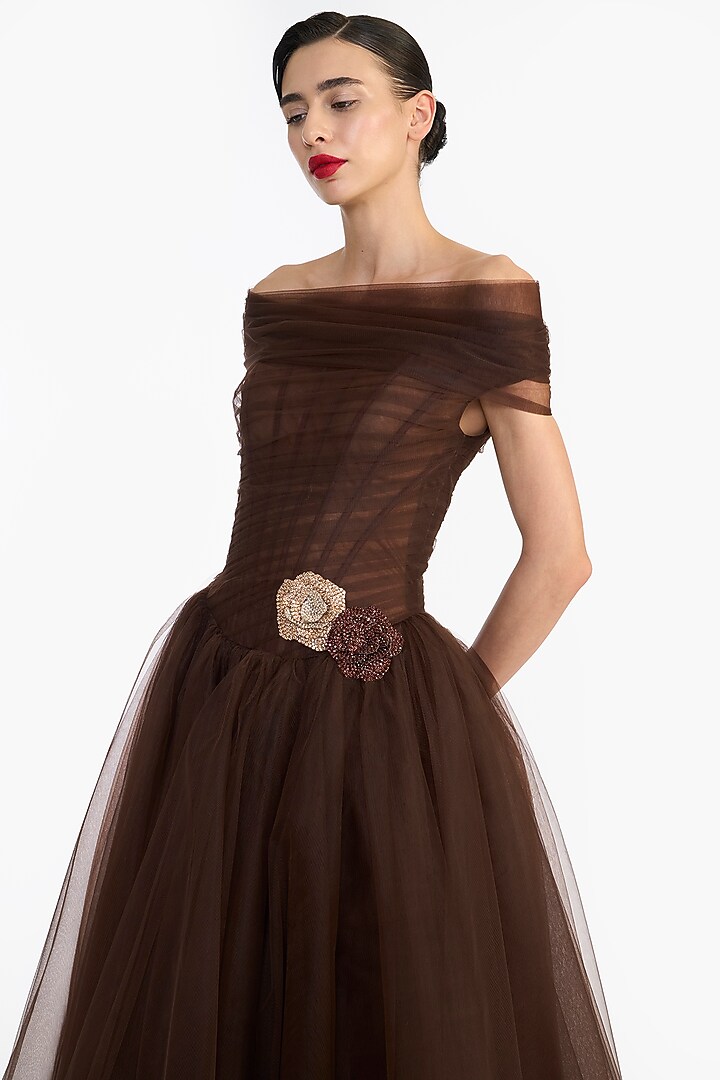 Brown Tulle Off-Shoulder Midi Party Wear Dress by Gauri And Nainika at Pernia's Pop Up Shop