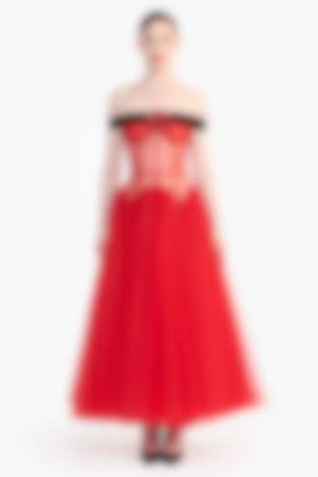 Red Tulle Off-Shoulder Corset Midi Party Wear Dress by Gauri And Nainika at Pernia's Pop Up Shop