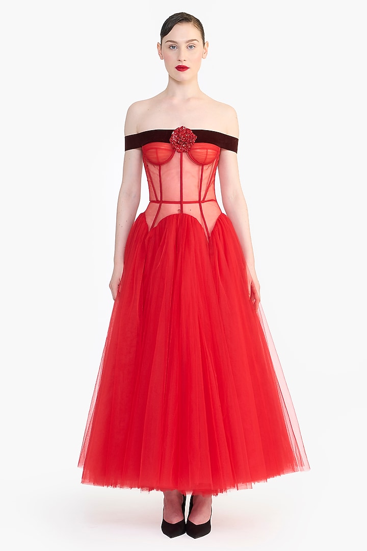 Red Tulle Off-Shoulder Corset Midi Party Wear Dress by Gauri And Nainika at Pernia's Pop Up Shop