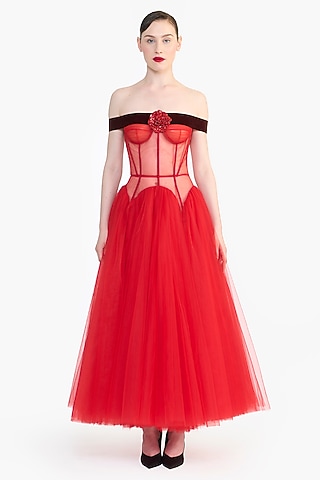 Red Tulle Off-Shoulder Corset Midi Dress by Gauri And Nainika