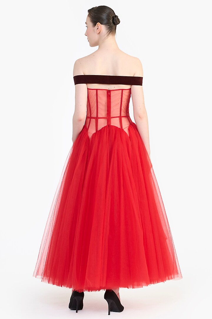 Red Tulle Off-Shoulder Corset Midi Party Wear Dress by Gauri And Nainika at Pernia's Pop Up Shop