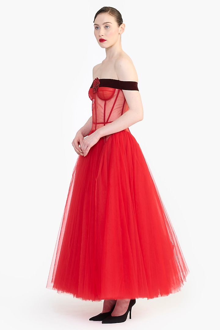 Red Tulle Off-Shoulder Corset Midi Party Wear Dress by Gauri And Nainika at Pernia's Pop Up Shop