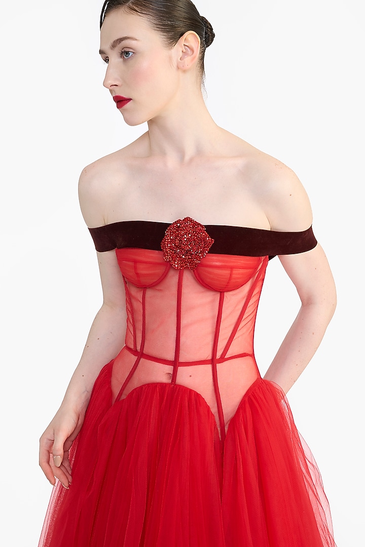 Red Tulle Off-Shoulder Corset Midi Party Wear Dress by Gauri And Nainika at Pernia's Pop Up Shop
