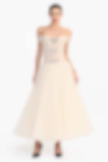 Peach Tulle Crystal Embellished Off-Shoulder Midi Party Wear Dress by Gauri And Nainika at Pernia's Pop Up Shop