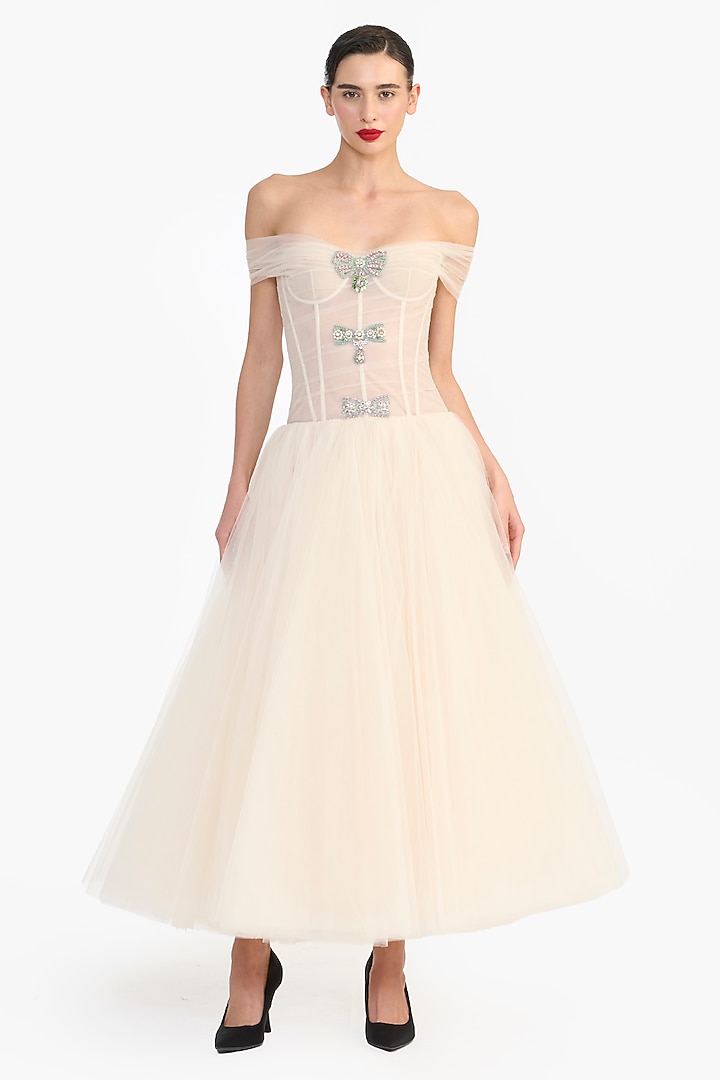 Peach Tulle Crystal Embellished Off-Shoulder Midi Party Wear Dress by Gauri And Nainika at Pernia's Pop Up Shop