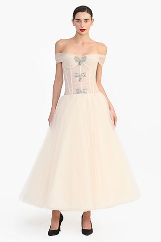 Peach Tulle Crystal Embellished Off-Shoulder Midi Dress by Gauri And Nainika