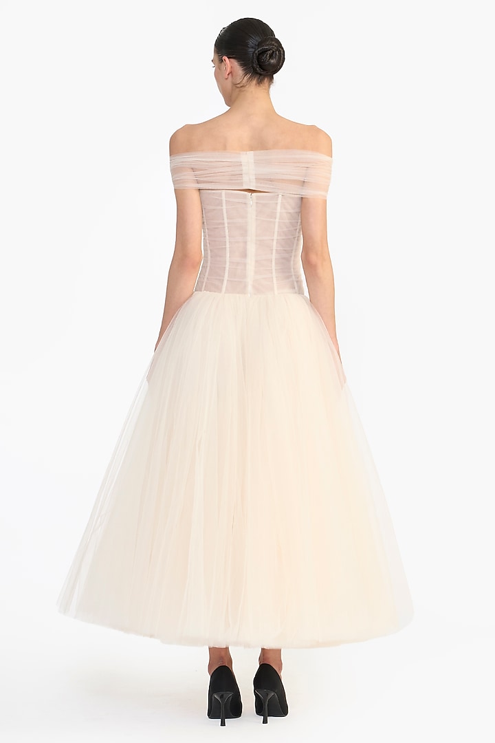 Peach Tulle Crystal Embellished Off-Shoulder Midi Party Wear Dress by Gauri And Nainika at Pernia's Pop Up Shop