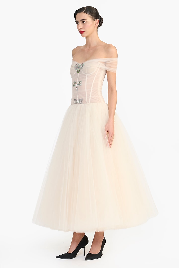 Peach Tulle Crystal Embellished Off-Shoulder Midi Party Wear Dress by Gauri And Nainika at Pernia's Pop Up Shop