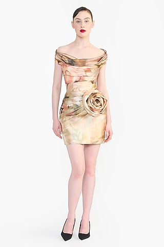 Peach Mikado Floral Printed Off-Shoulder Mini Dress by Gauri And Nainika