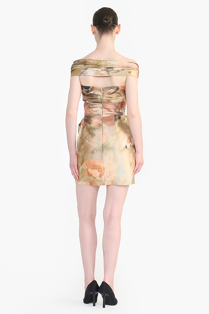 Peach Mikado Floral Printed Off-Shoulder Mini Party Wear Dress by Gauri And Nainika at Pernia's Pop Up Shop