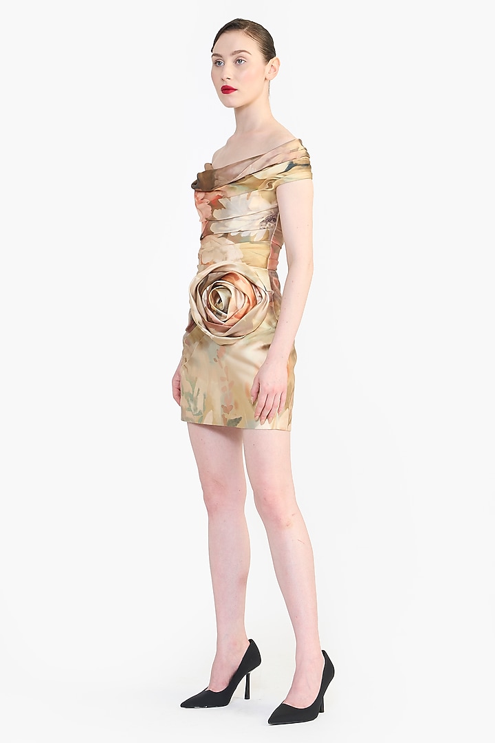 Peach Mikado Floral Printed Off-Shoulder Mini Party Wear Dress by Gauri And Nainika at Pernia's Pop Up Shop