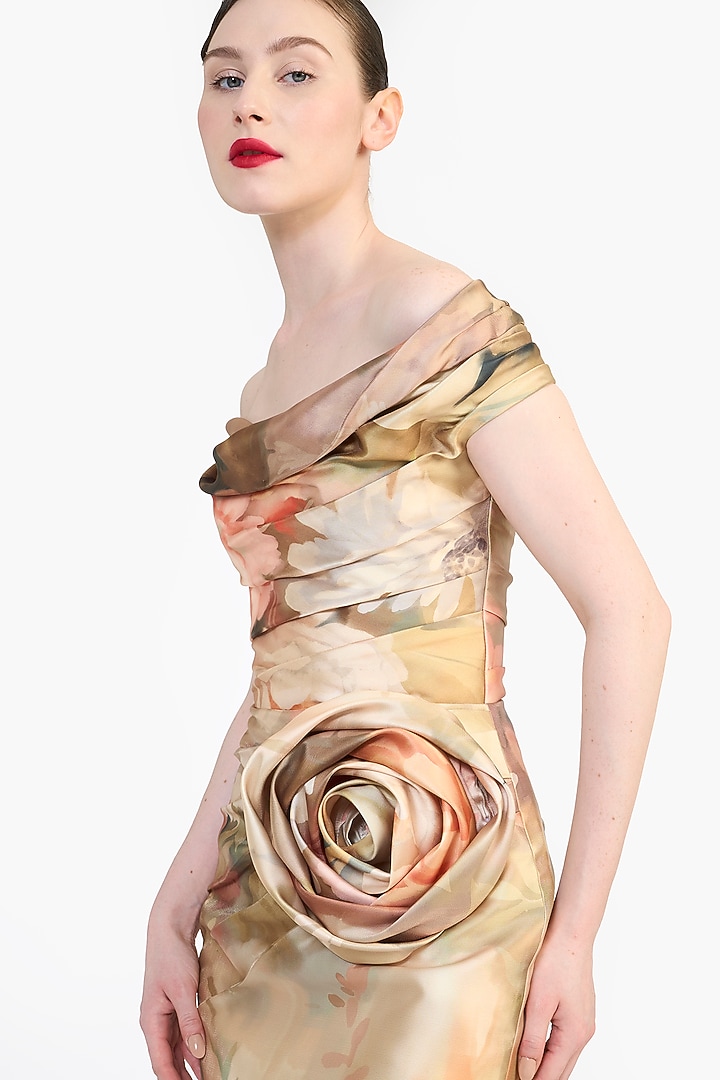 Peach Mikado Floral Printed Off-Shoulder Mini Party Wear Dress by Gauri And Nainika at Pernia's Pop Up Shop