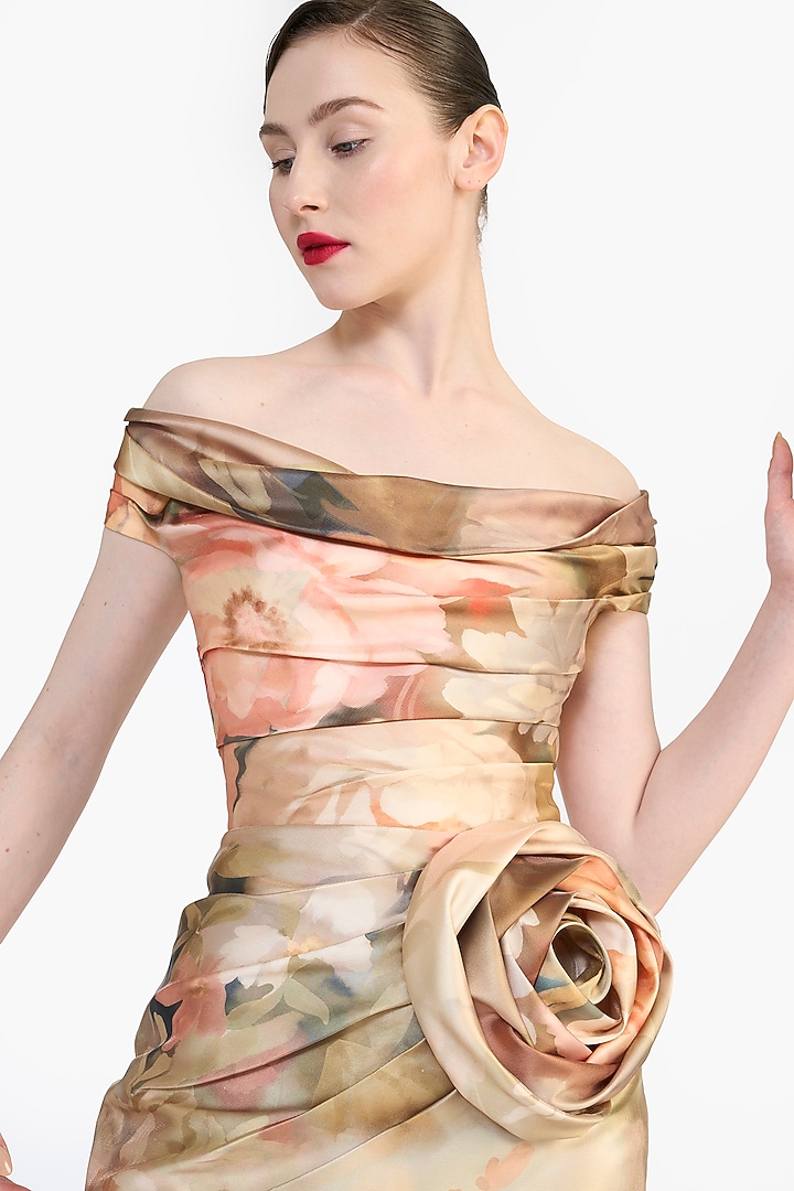 Peach Mikado Floral Printed Off-Shoulder Mini Party Wear Dress by Gauri And Nainika at Pernia's Pop Up Shop