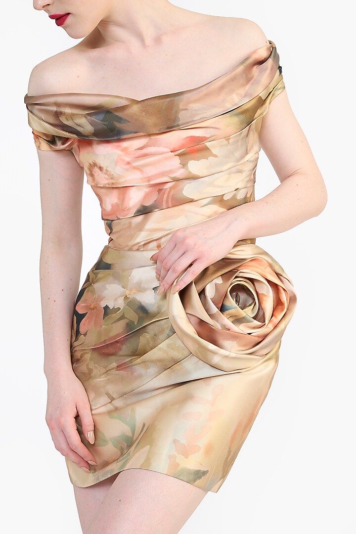 Peach Mikado Floral Printed Off-Shoulder Mini Party Wear Dress by Gauri And Nainika at Pernia's Pop Up Shop