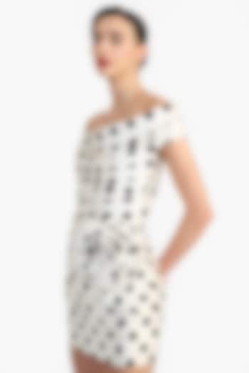 Ivory Mikado Polka Dot Printed Off-Shoulder Mini Party Wear Dress by Gauri And Nainika at Pernia's Pop Up Shop
