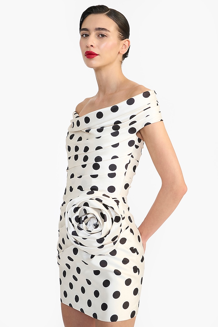 Ivory Mikado Polka Dot Printed Off-Shoulder Mini Party Wear Dress by Gauri And Nainika at Pernia's Pop Up Shop