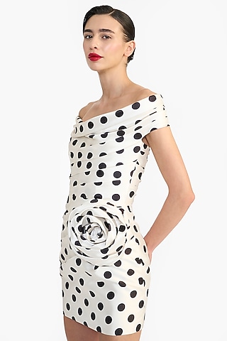 Ivory Mikado Polka Dot Printed Off-Shoulder Mini Dress by Gauri And Nainika