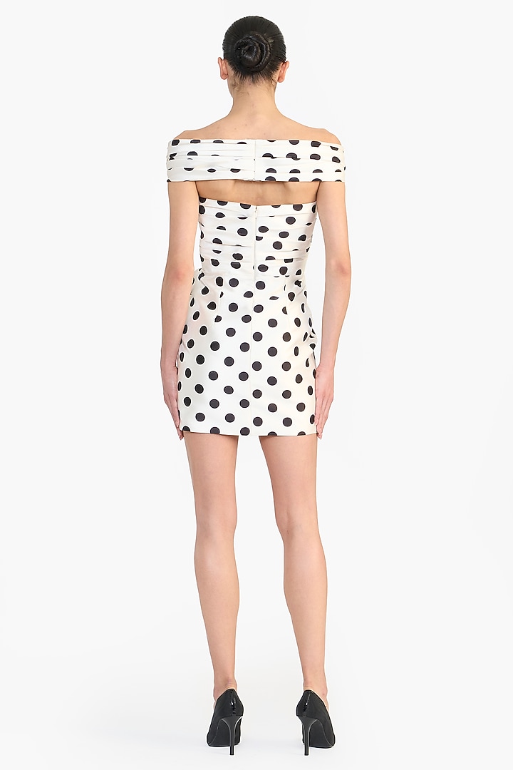 Ivory Mikado Polka Dot Printed Off-Shoulder Mini Party Wear Dress by Gauri And Nainika at Pernia's Pop Up Shop