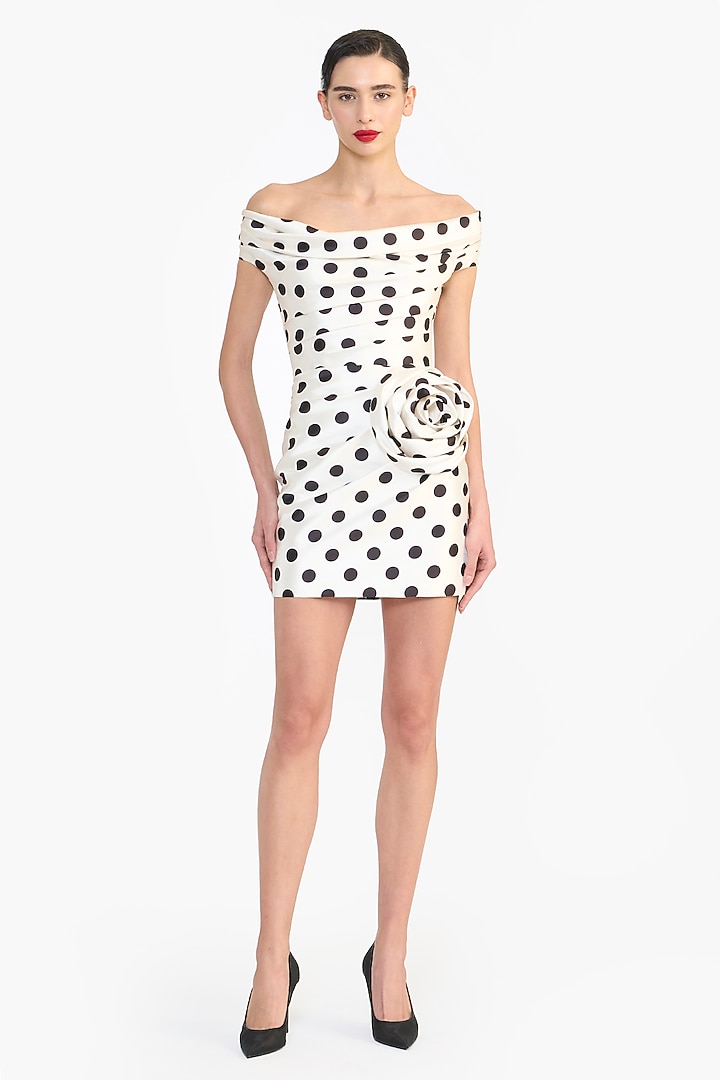 Ivory Mikado Polka Dot Printed Off-Shoulder Mini Party Wear Dress by Gauri And Nainika at Pernia's Pop Up Shop