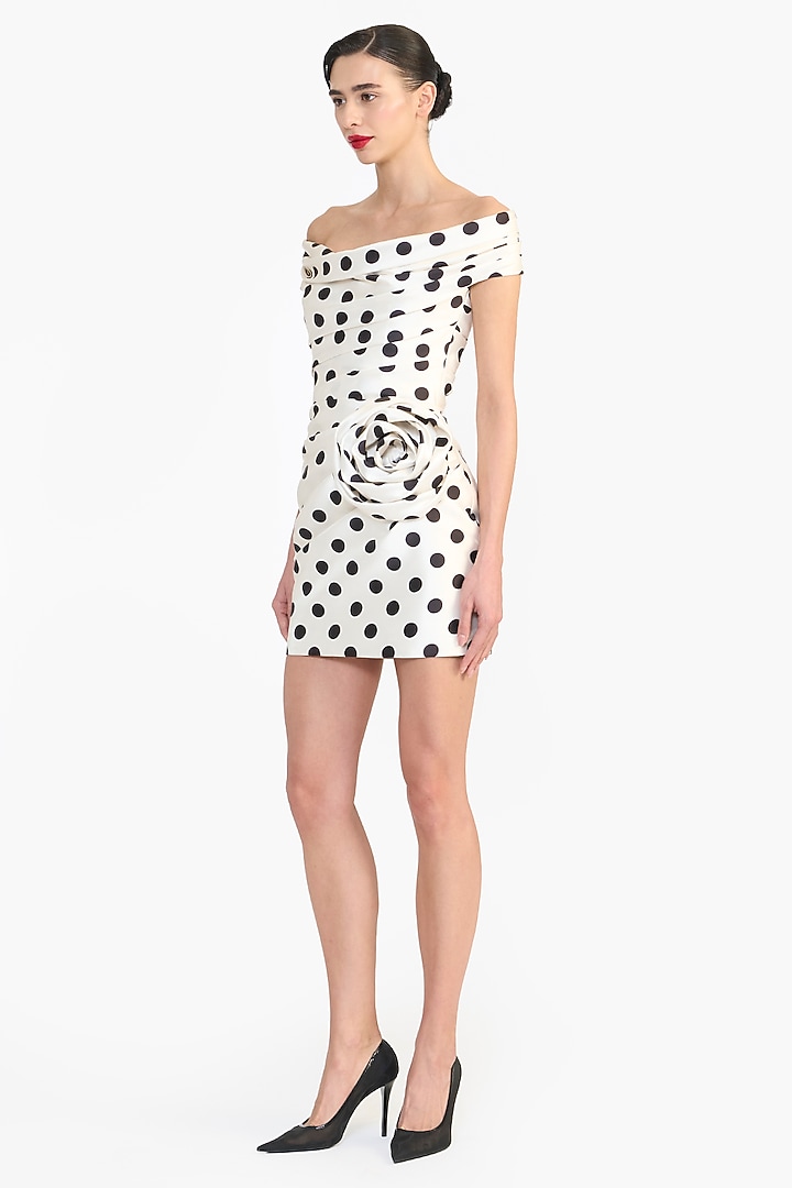 Ivory Mikado Polka Dot Printed Off-Shoulder Mini Party Wear Dress by Gauri And Nainika at Pernia's Pop Up Shop