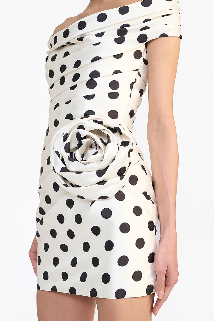 Ivory Mikado Polka Dot Printed Off-Shoulder Mini Party Wear Dress by Gauri And Nainika at Pernia's Pop Up Shop