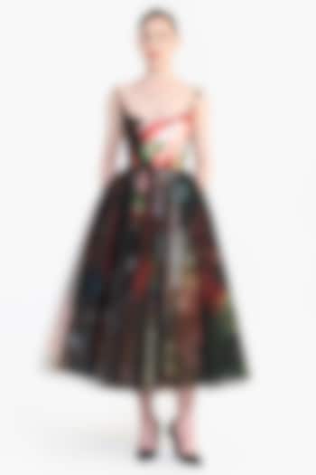 Black Mikado & Tulle Panel Corseted Midi Party Wear Dress by Gauri and Nainika at Pernia's Pop Up Shop