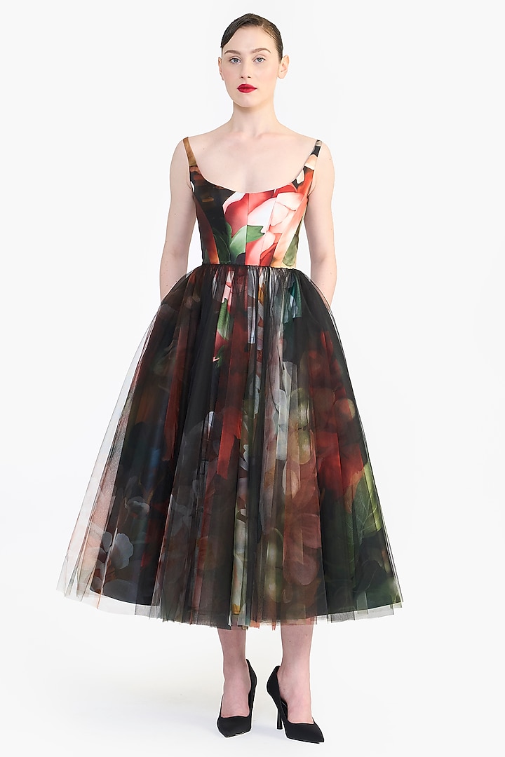 Black Mikado & Tulle Panel Corseted Midi Party Wear Dress by Gauri and Nainika at Pernia's Pop Up Shop