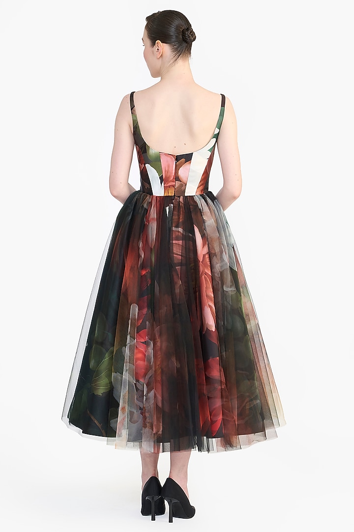 Black Mikado & Tulle Panel Corseted Midi Party Wear Dress by Gauri and Nainika at Pernia's Pop Up Shop