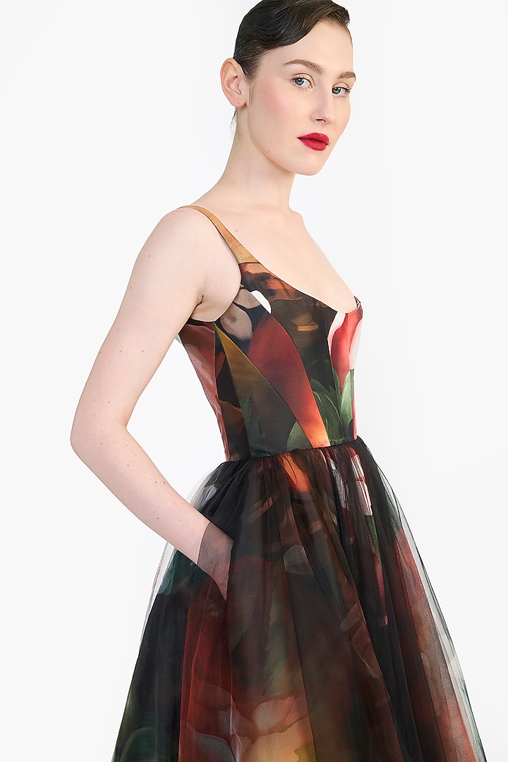 Black Mikado & Tulle Panel Corseted Midi Party Wear Dress by Gauri and Nainika at Pernia's Pop Up Shop