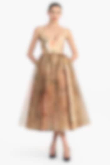 Faded Victorian Mikado & Tulle Panel Corseted Midi Party Wear Dress by Gauri and Nainika at Pernia's Pop Up Shop