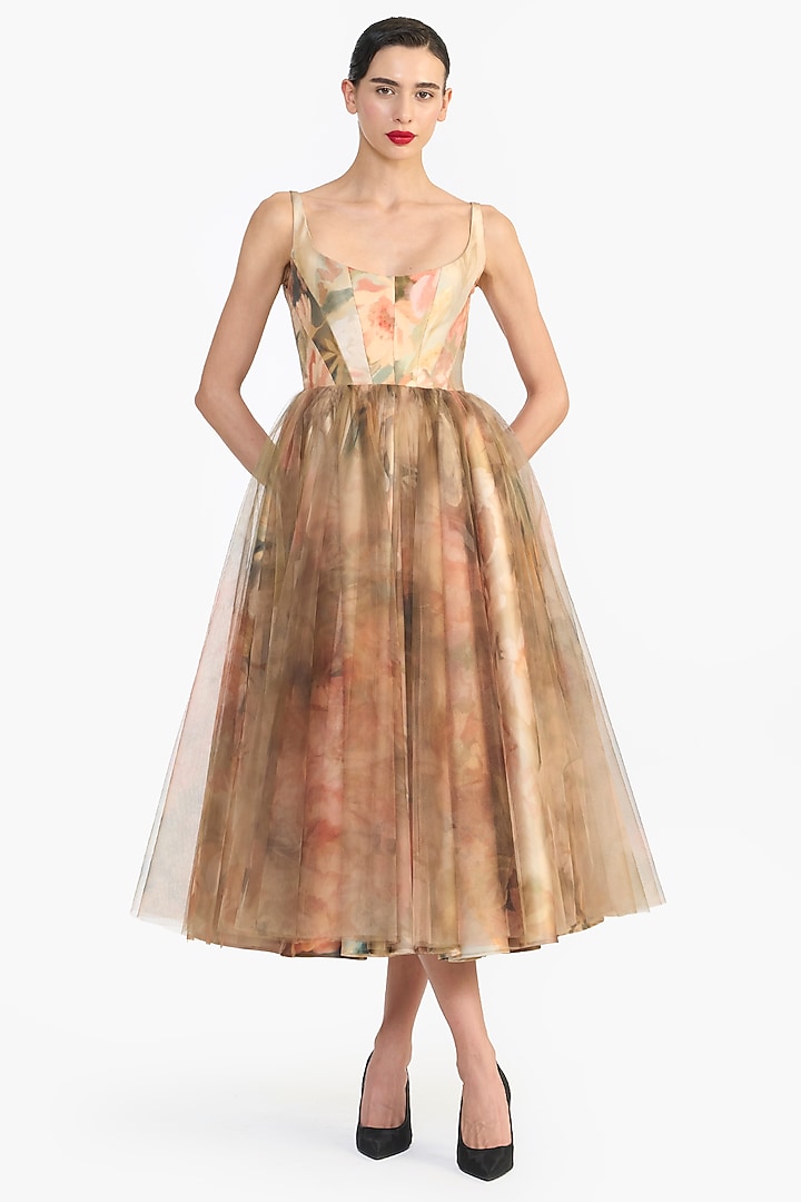 Faded Victorian Mikado & Tulle Panel Corseted Midi Party Wear Dress by Gauri and Nainika at Pernia's Pop Up Shop