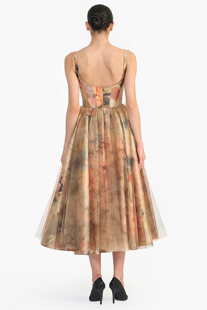 Faded Victorian Mikado & Tulle Panel Corseted Midi Party Wear Dress by Gauri and Nainika at Pernia's Pop Up Shop