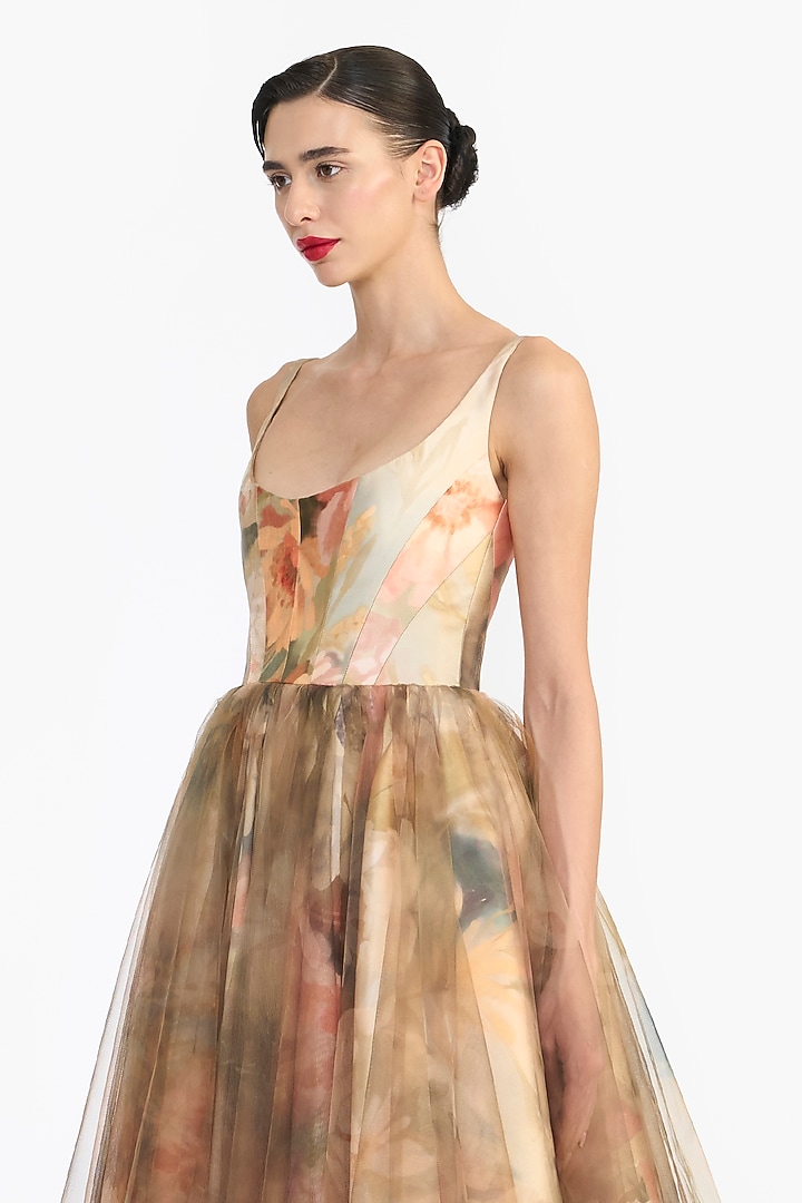 Faded Victorian Mikado & Tulle Panel Corseted Midi Party Wear Dress by Gauri and Nainika at Pernia's Pop Up Shop
