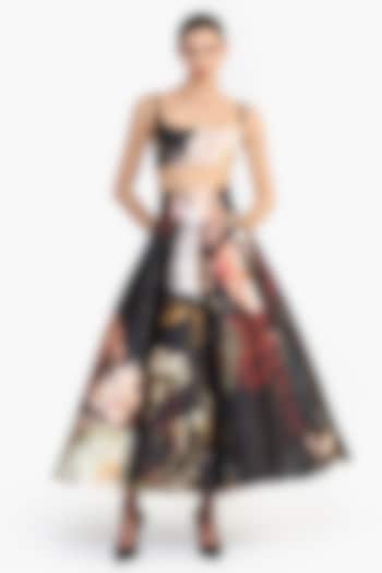 Black Mikado Dutch Floral Printed Crop Top by Gauri and Nainika at Pernia's Pop Up Shop