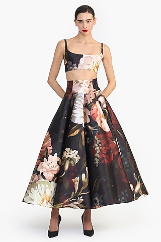 Black Mikado Dutch Floral Printed Crop Top by Gauri and Nainika
