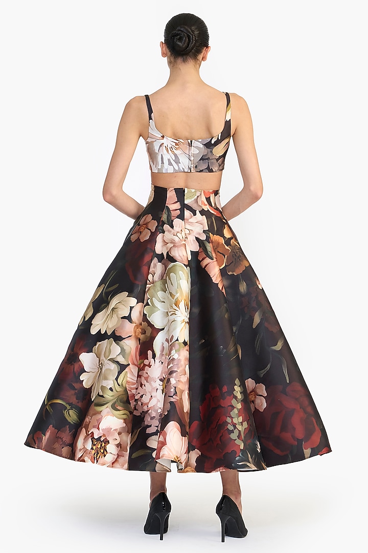 Black Mikado Dutch Floral Printed Crop Top by Gauri and Nainika at Pernia's Pop Up Shop