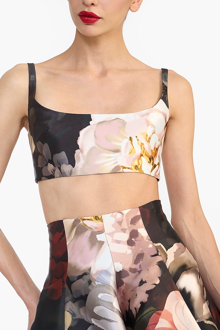 Black Mikado Dutch Floral Printed Crop Top by Gauri and Nainika at Pernia's Pop Up Shop