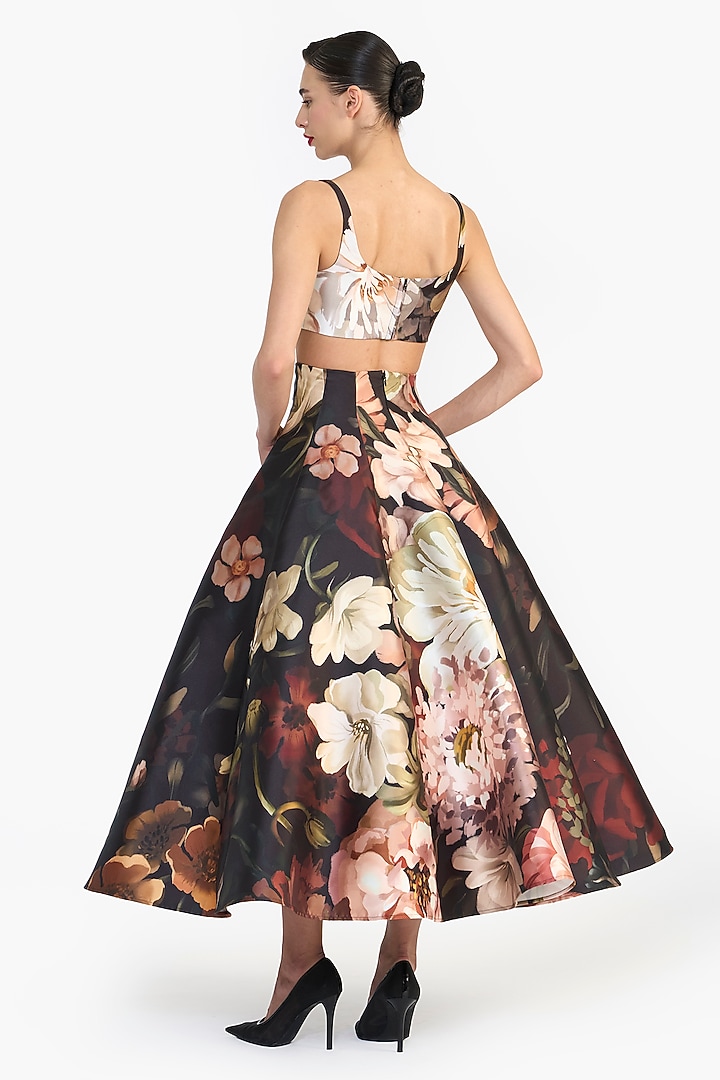 Black Mikado Floral Printed Voluminous Skirt by Gauri and Nainika at Pernia's Pop Up Shop