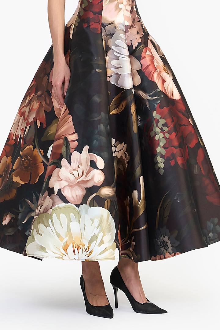 Black Mikado Floral Printed Voluminous Skirt by Gauri and Nainika at Pernia's Pop Up Shop