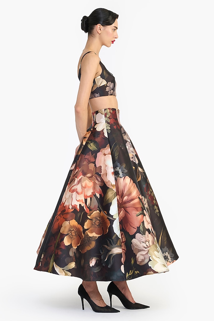 Black Mikado Floral Printed Voluminous Skirt by Gauri and Nainika at Pernia's Pop Up Shop