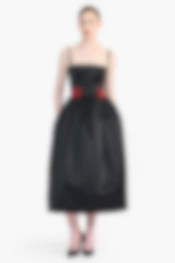 Black Duchess Satin Rose Floral Printed Midi Party Wear Dress by Gauri and Nainika at Pernia's Pop Up Shop