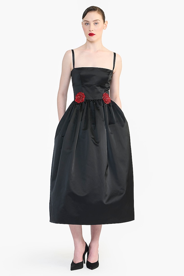 Black Duchess Satin Rose Floral Printed Midi Party Wear Dress by Gauri and Nainika at Pernia's Pop Up Shop