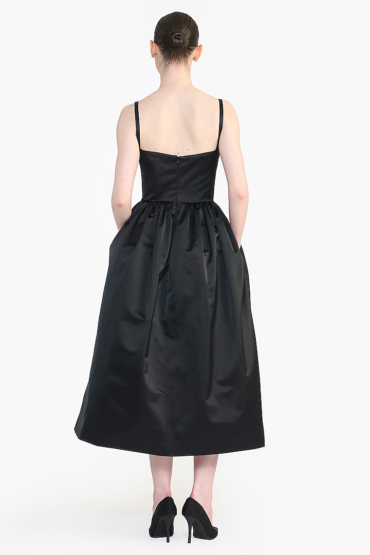 Black Duchess Satin Rose Floral Printed Midi Party Wear Dress by Gauri and Nainika at Pernia's Pop Up Shop