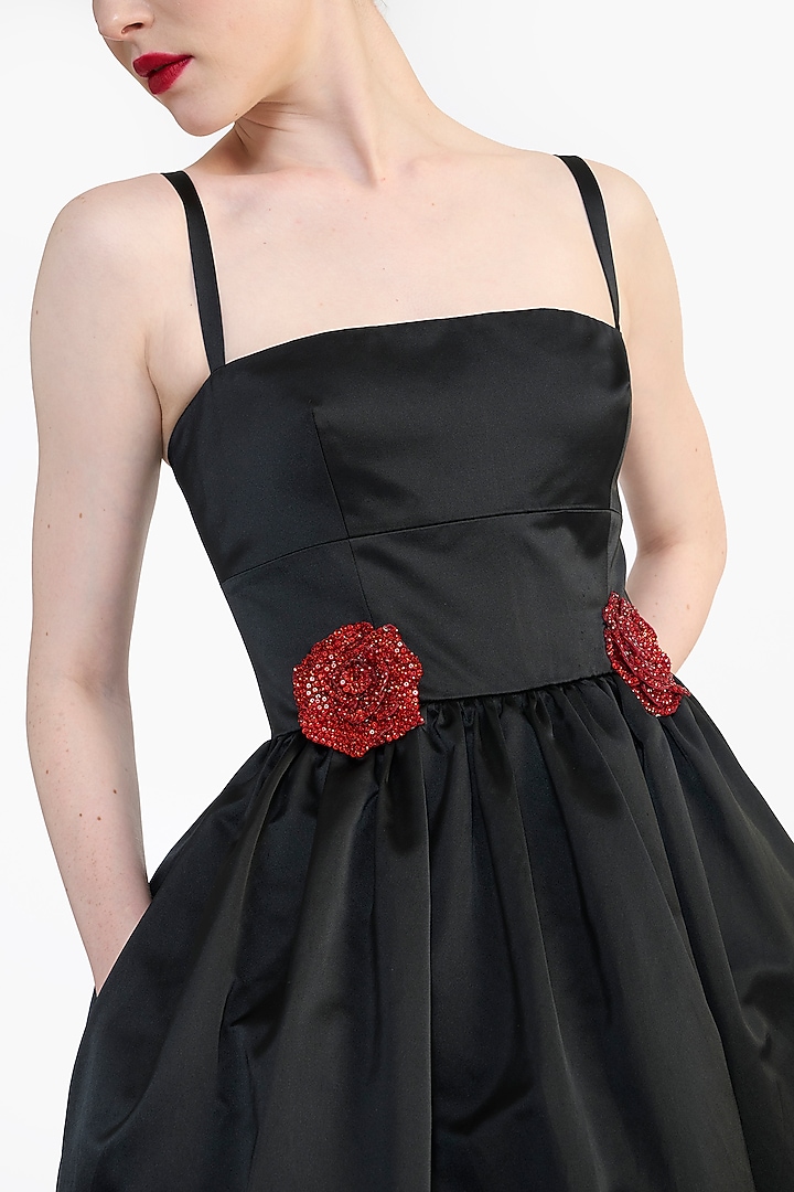 Black Duchess Satin Rose Floral Printed Midi Party Wear Dress by Gauri and Nainika at Pernia's Pop Up Shop